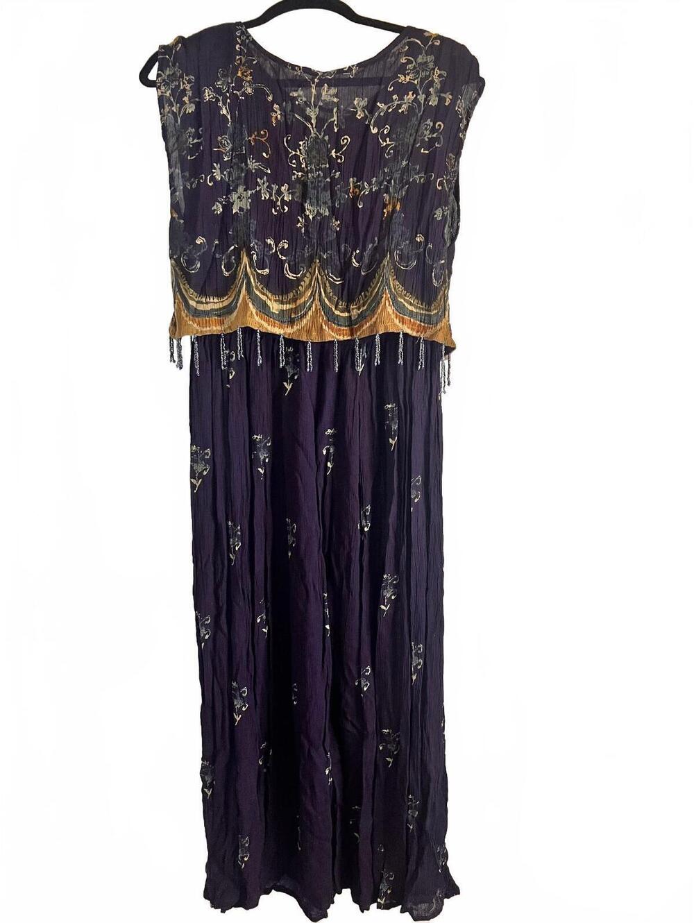 Jane Ashley Vintage Navy Blue Rayon Maxi Dress with Beaded Embellishments